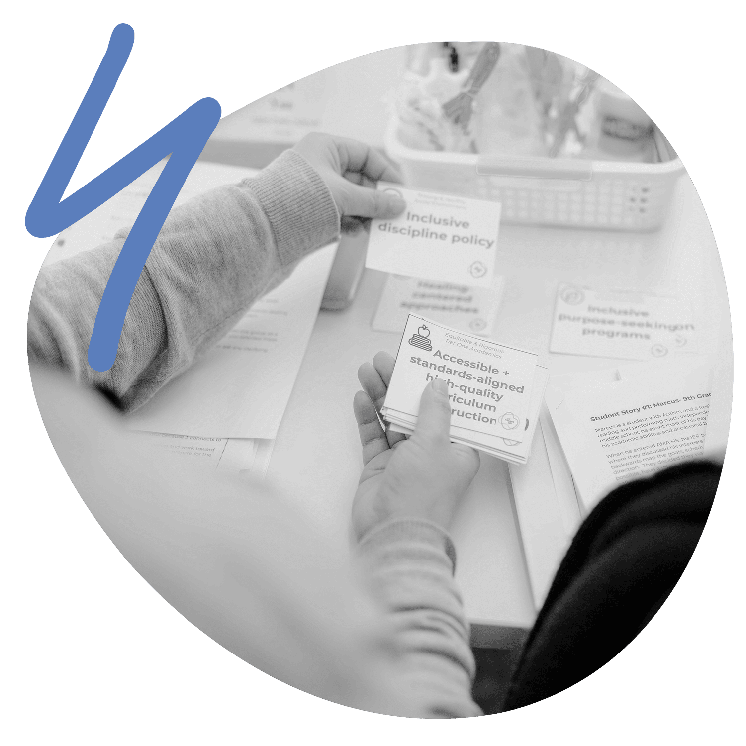 A leader's hands sorting All Means All design cards on a table, including 'Inclusive discipline policy' and 'Accessible, standards-aligned, high-quality curriculum.'